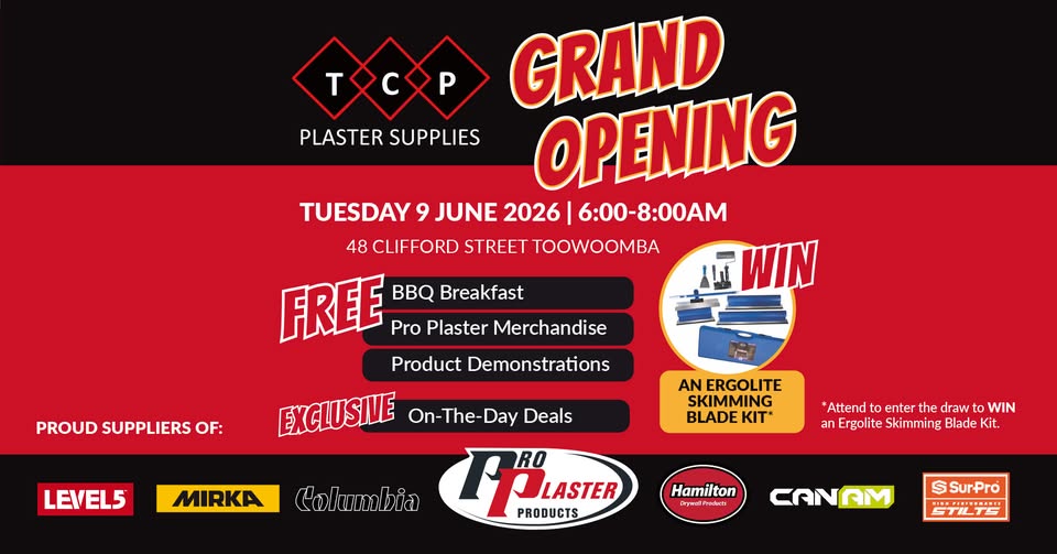 TCP Plaster Supplies grand opening notice listing stocked brands Level5, Mirka, Columbia, Pro Plaster Products, Hamilton, CanAm and SurPro